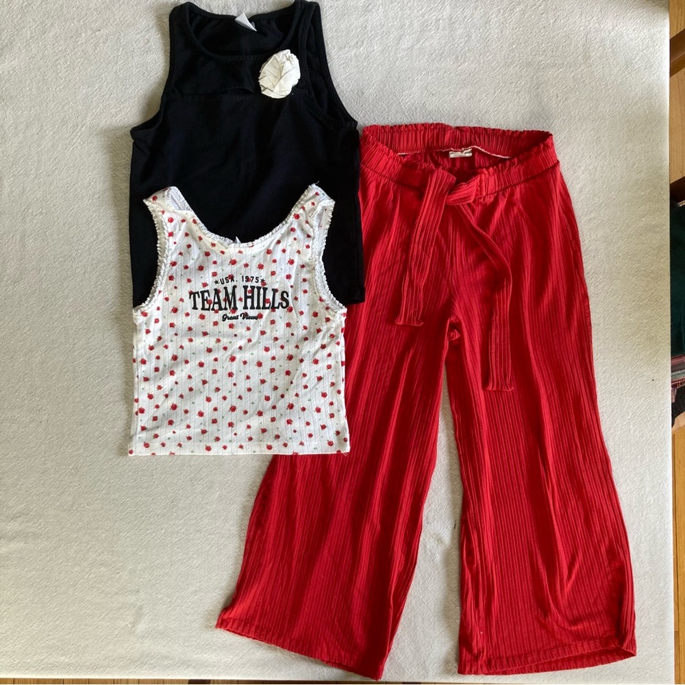 Zara Black Tank Top & Red Wide-Leg Pants Set with White Floral Tank